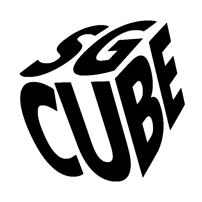 Dreidimensionales schwarzes Logo mit dem Text SGI CUBE in Würfelform.