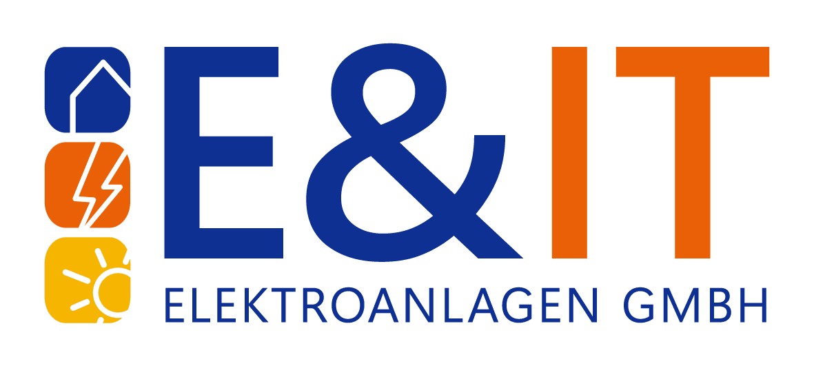 blaues Haus, oranges Blitzsymbol, gelbe Sonne und Schriftzug E&IT Elektroanlagen GmbH